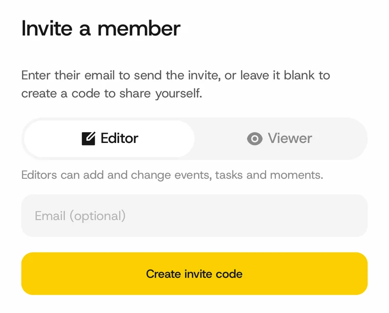 Invite a member in Sparc: choose Editor or Viewer, then create an invite code.